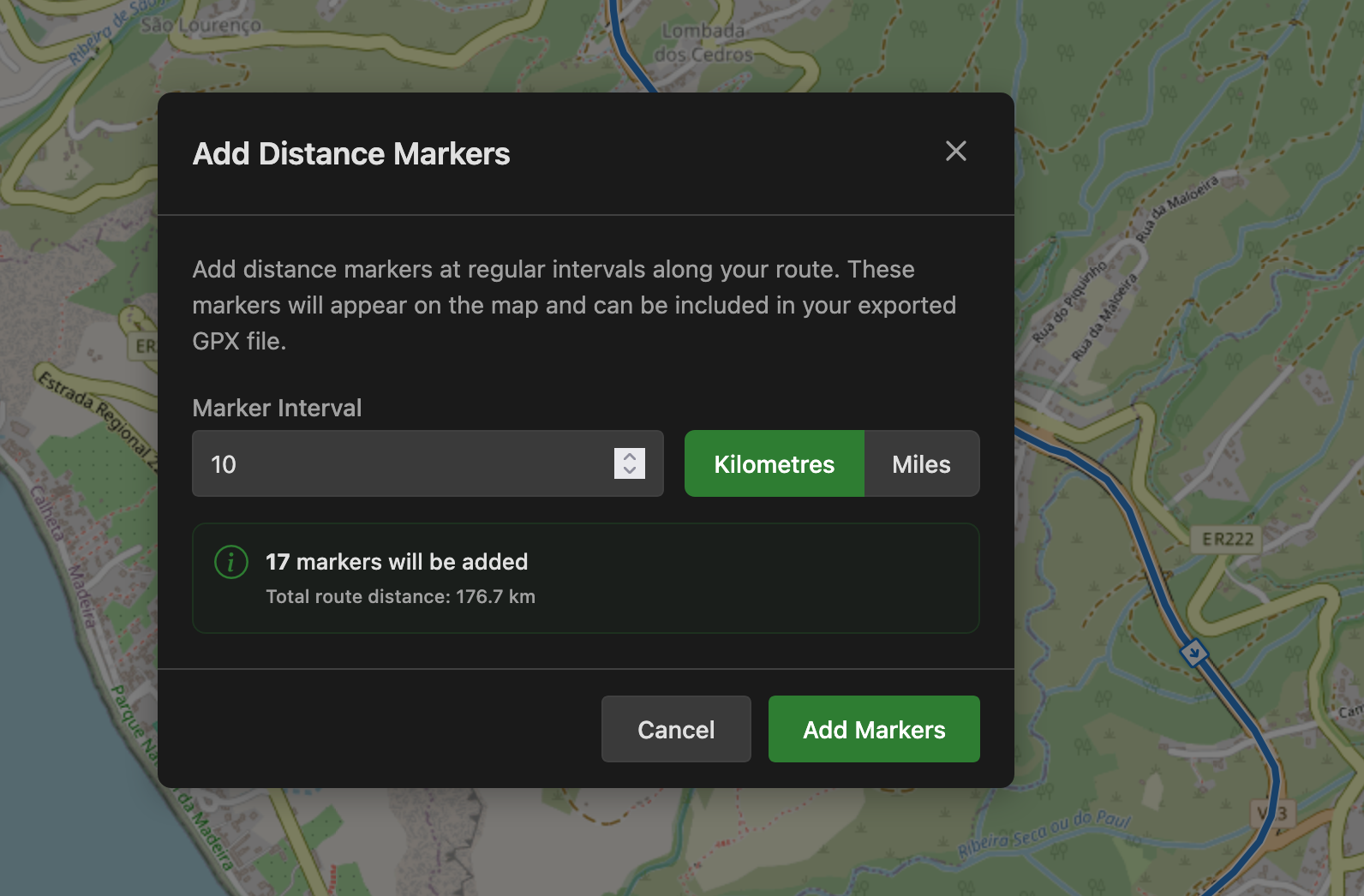 Add distance markers dialog