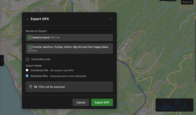 Export GPX dialog with route selection