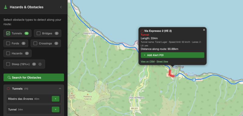 Hazards and obstacles detection showing tunnels