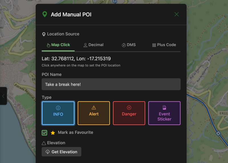 Add Manual POI dialog with type selection