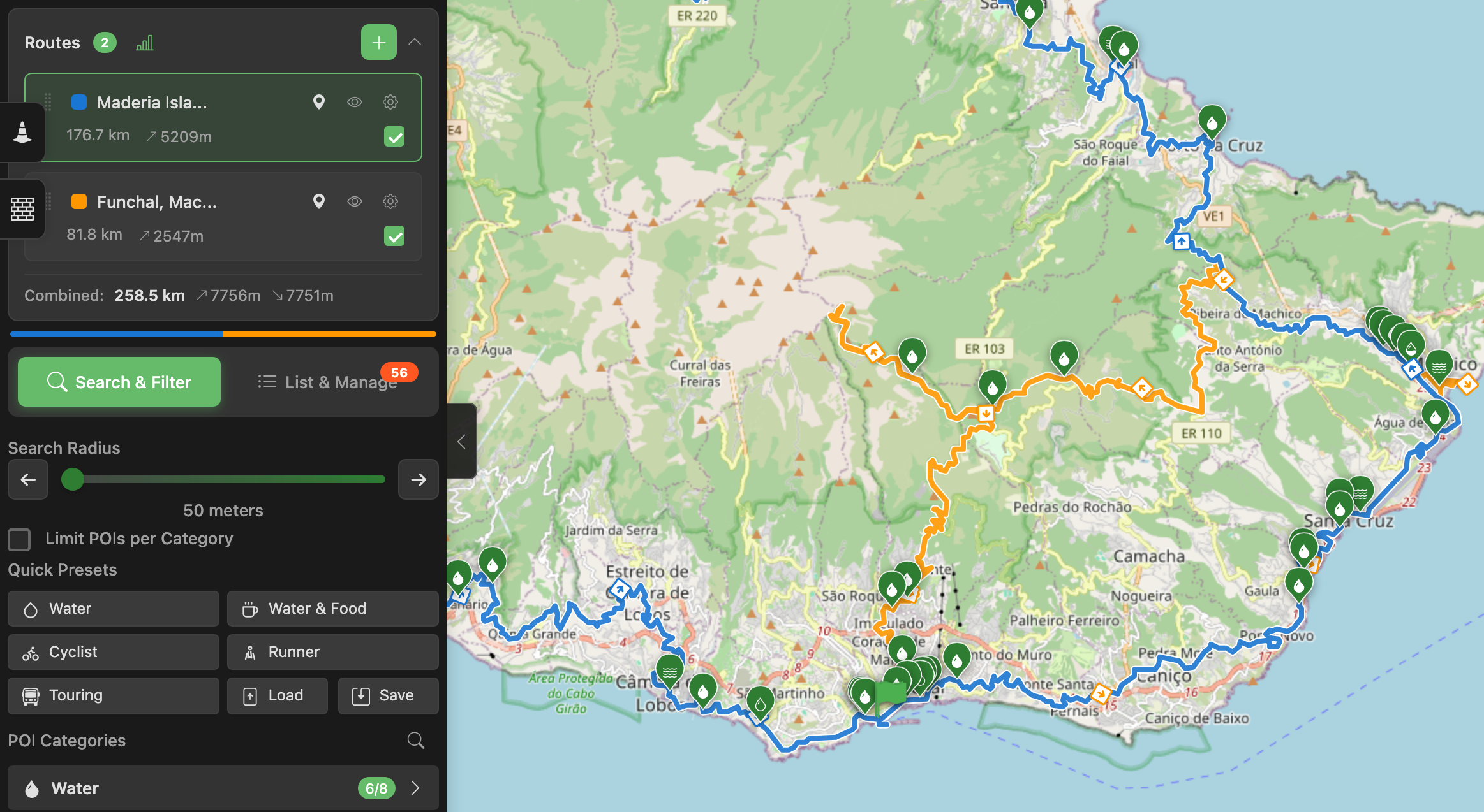 Multiple routes displayed with different colors