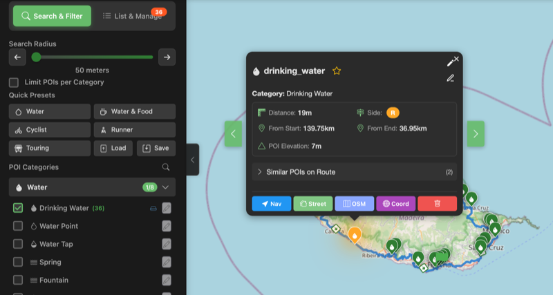 POI Discovery showing categories, map markers and POI details