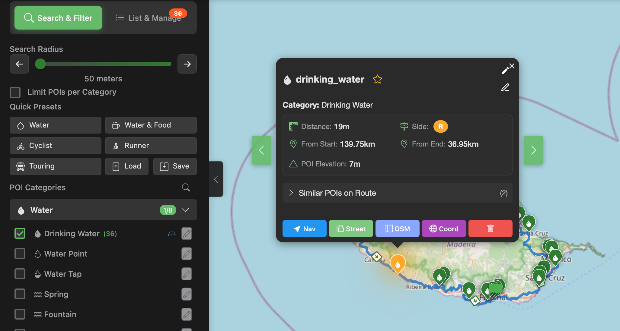 POI Discovery showing categories, map markers and POI details