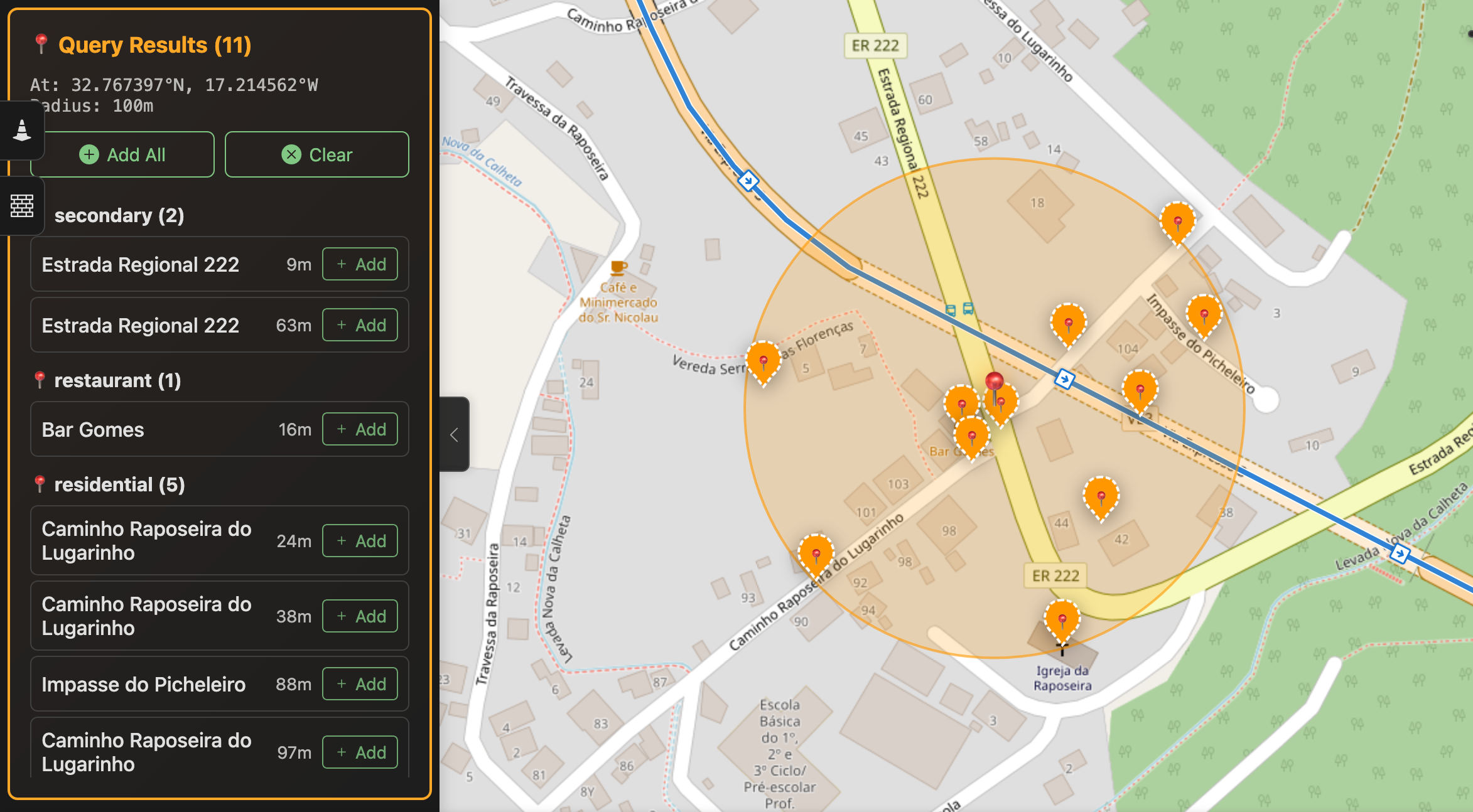 Query POIs at location showing results