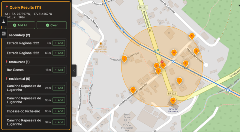 Query POIs at location showing results