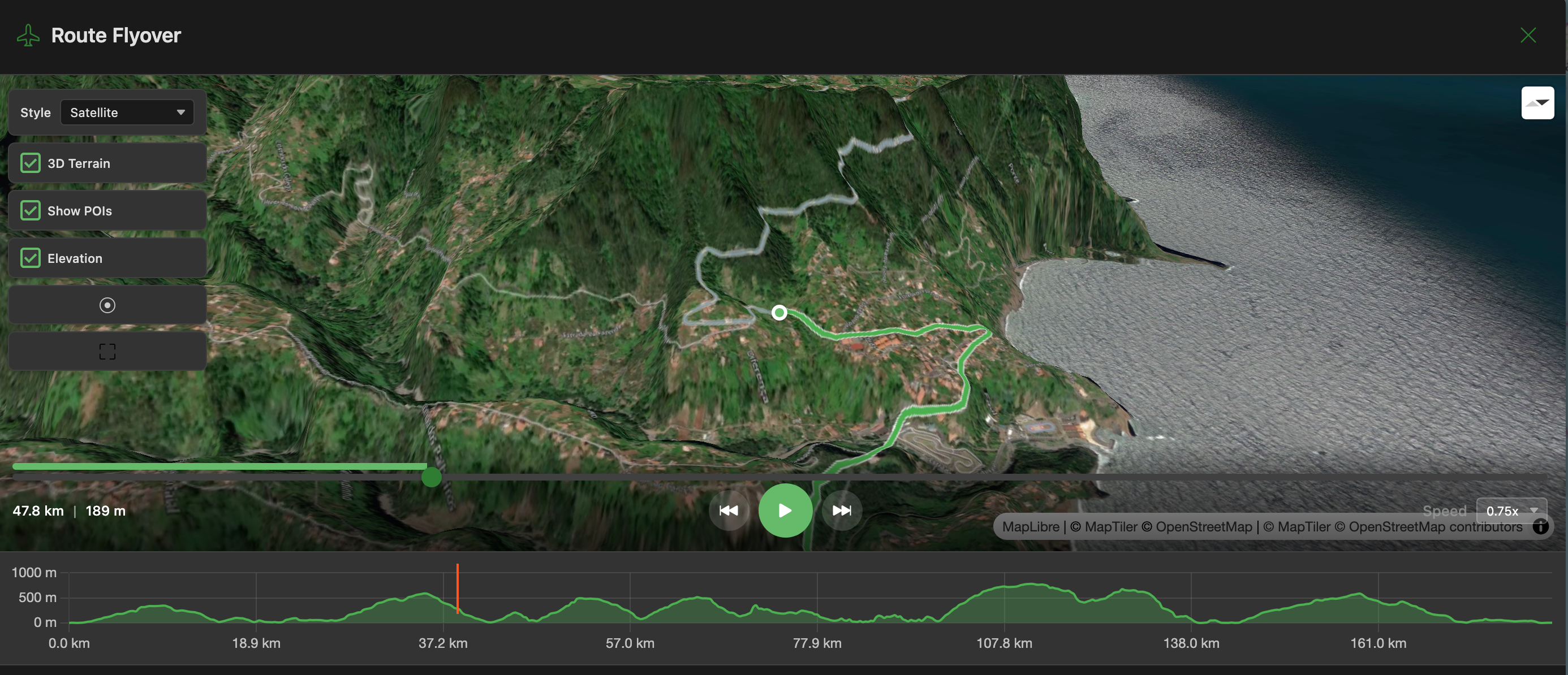 Route flyover animation with 3D terrain