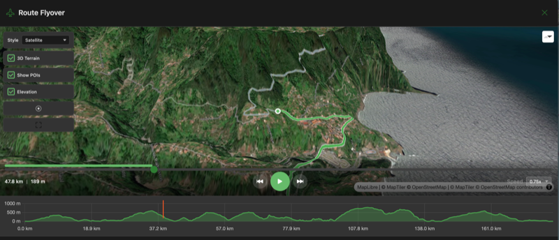 Route flyover animation with 3D terrain