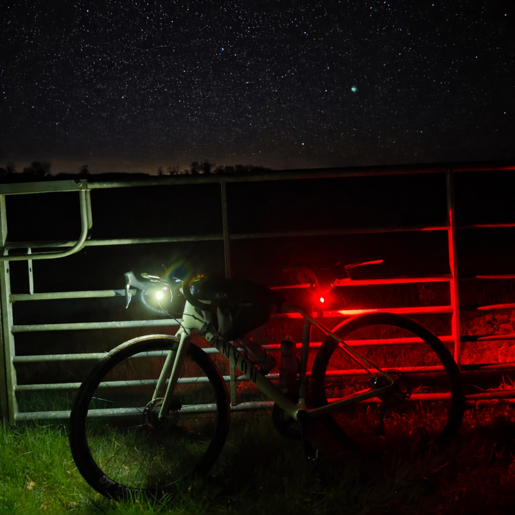 Bike leaning against a gate under the stars