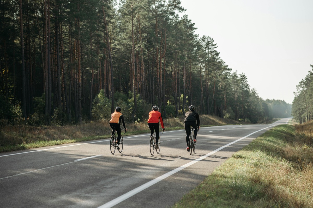 Cyclists riding through a forest road