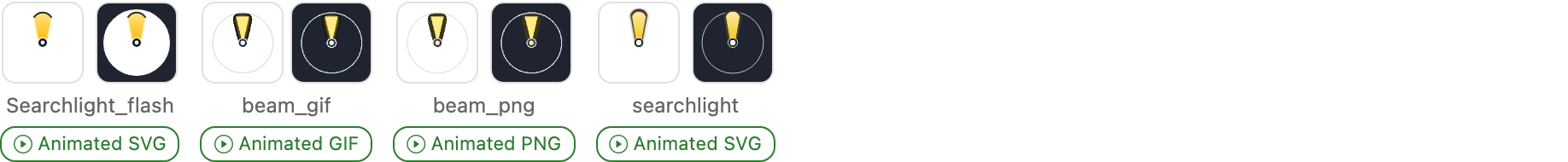 The GPX Inspector's icon preview: four searchlight icons on light and dark tiles, each labelled Animated SVG, Animated GIF or Animated PNG