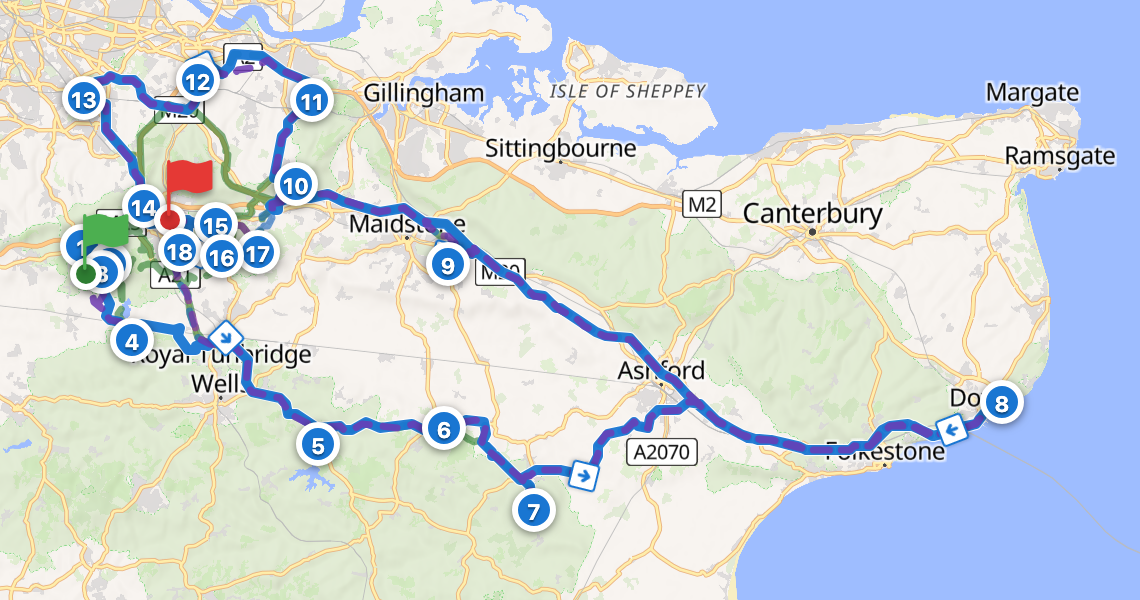 The same route after reordering: a clean loop around west Kent, out along the coast to Dover and back