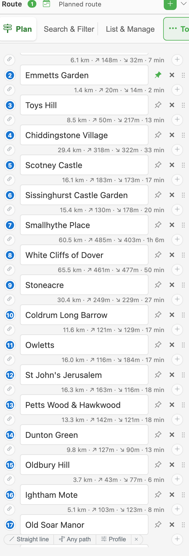 The stop list with a pinned stop, its pin icon filled to show it is held in place
