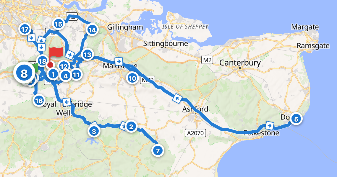 The route across Kent in the typed order, with a long out-and-back spur to Dover retracing the same corridor