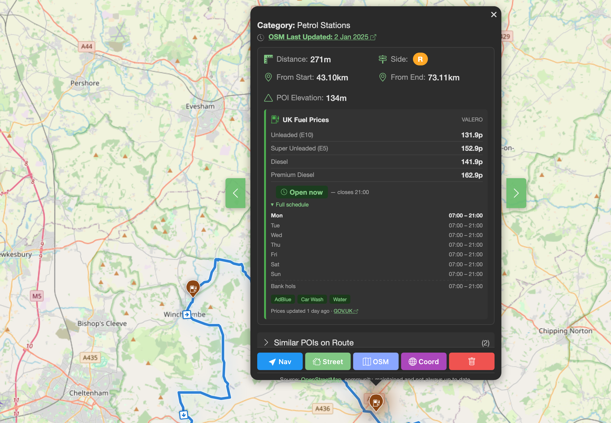 Fuel prices, opening hours and amenities shown in a PitStopper station popup