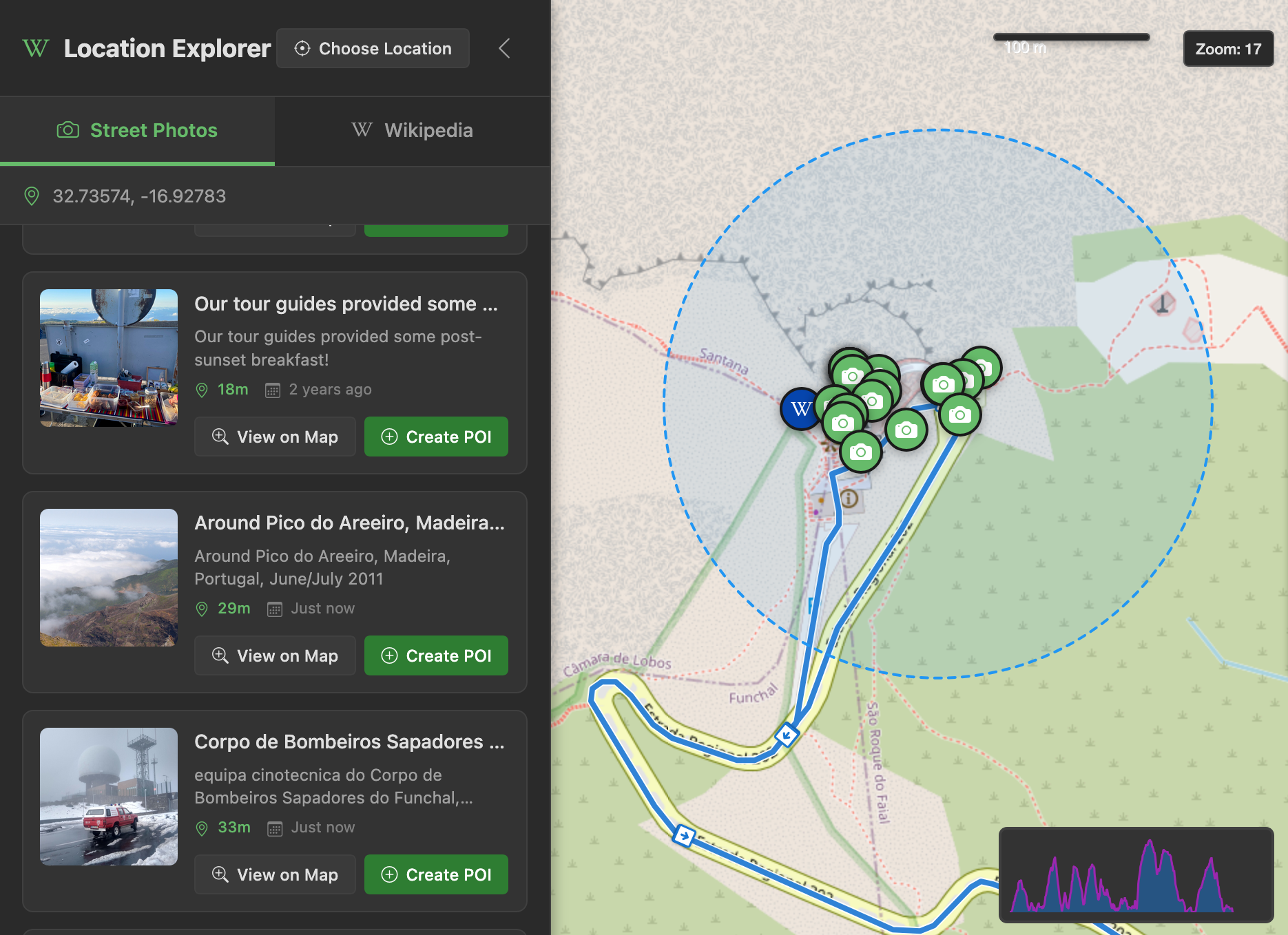 Location Explorer showing street photos and Wikipedia articles with map markers