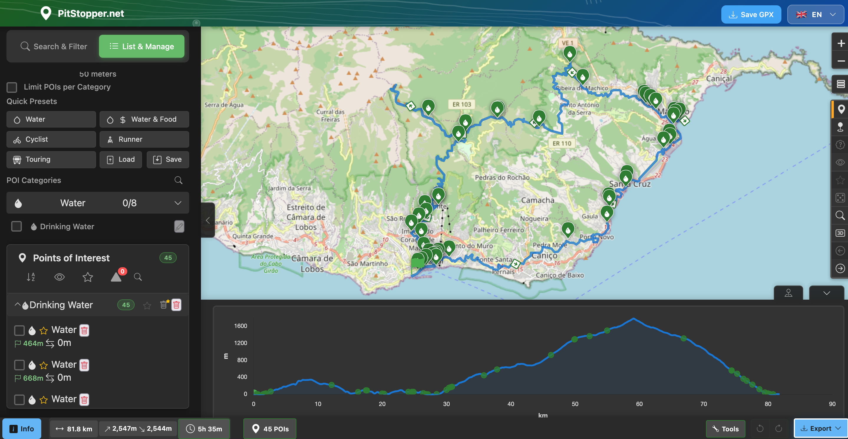 PitStopper showing water POIs along Madeira route