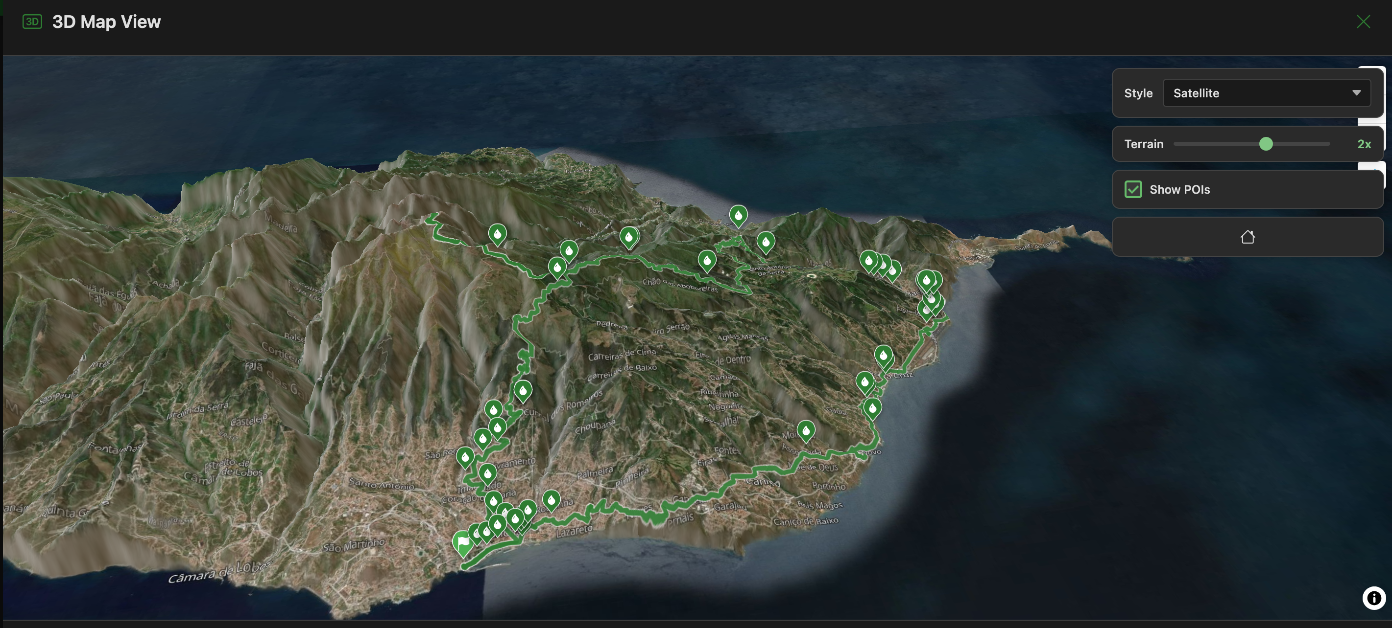 3D view of Madeira cycling route with water POIs