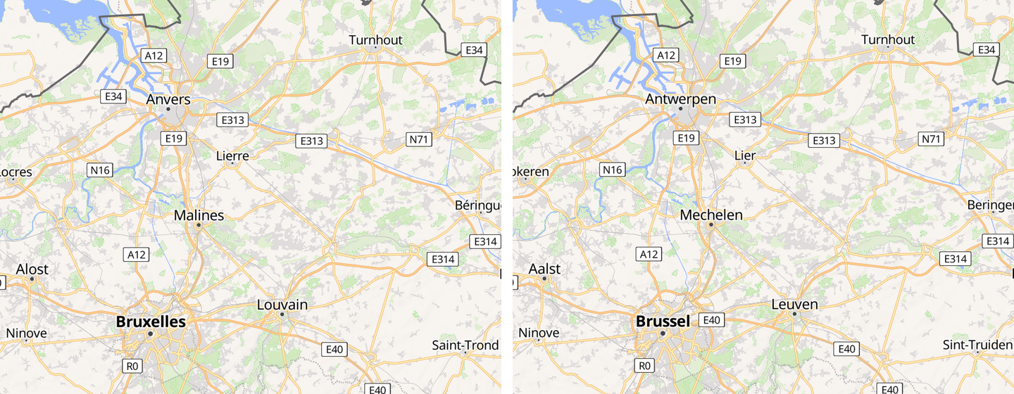 The same map of Belgium shown twice side by side. On the left, French labels: Anvers, Gand, Malines, Bruxelles, Louvain. On the right, Dutch labels for the identical view: Antwerpen, Gent, Mechelen, Brussel, Leuven