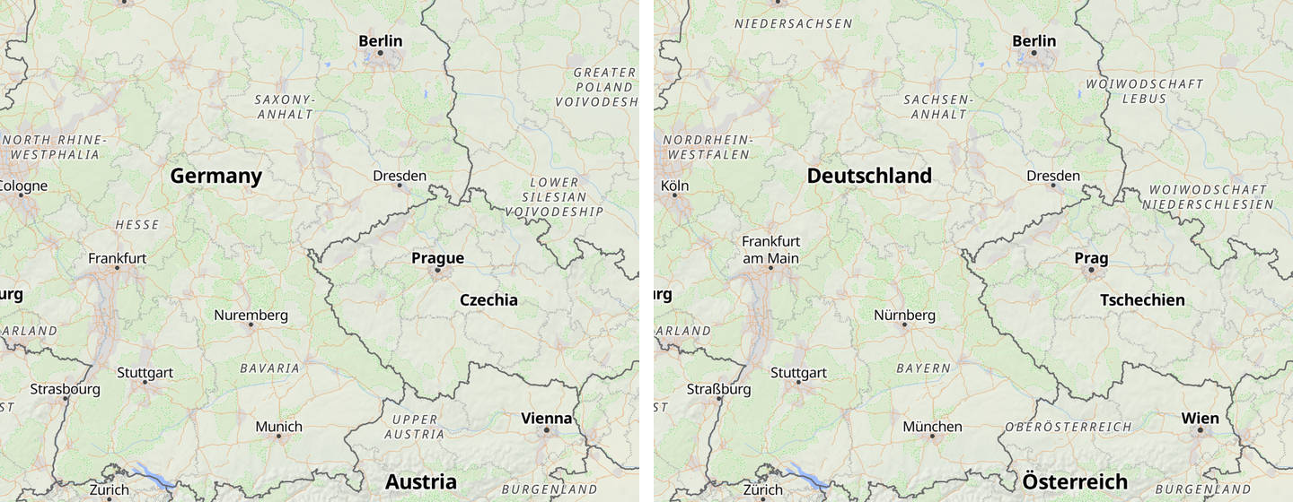 Germany shown twice, English labels on the left and German on the right, with Munich becoming Munchen and Cologne becoming Koln
