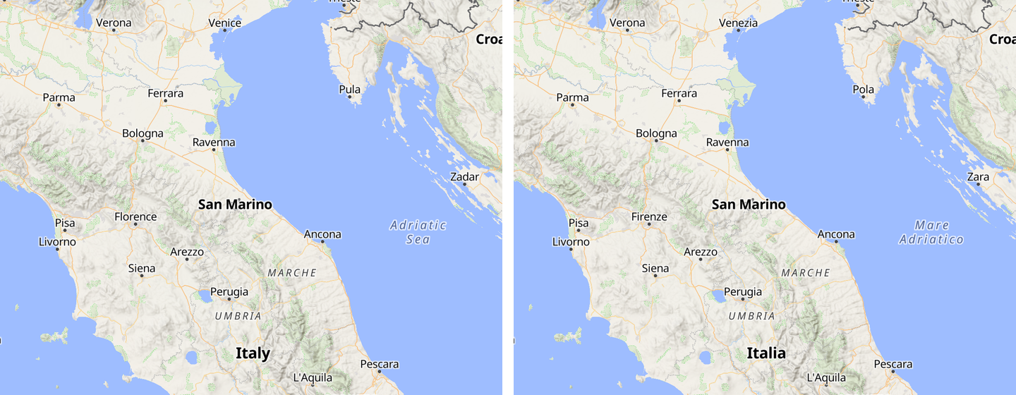 Italy shown twice. English on the left with Florence, Venice, Milan, Turin, Genoa, Naples. Italian on the right with Firenze, Venezia, Milano, Torino, Genova, Napoli