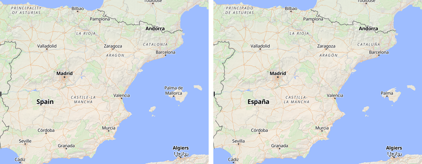 Spain shown twice, English labels on the left and Spanish on the right, with Seville becoming Sevilla and Saragossa becoming Zaragoza