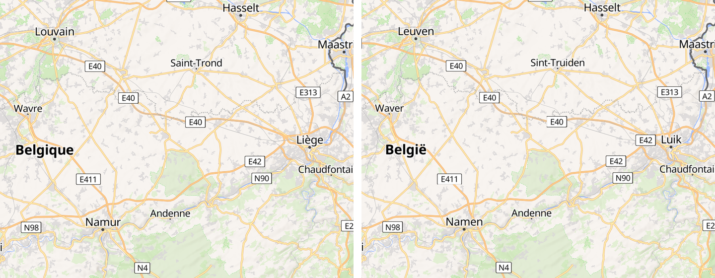 The same view of eastern Belgium twice, French on the left and Dutch on the right. Liege becomes Luik, Namur becomes Namen, Saint-Trond becomes Sint-Truiden, Belgique becomes Belgie