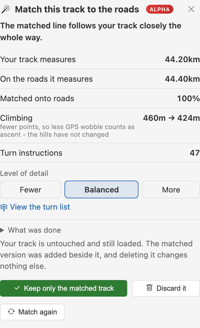 The Match to Roads panel: a sentence saying the matched line follows the track closely, then distances before and after, percentage matched, climbing before and after, and a turn count