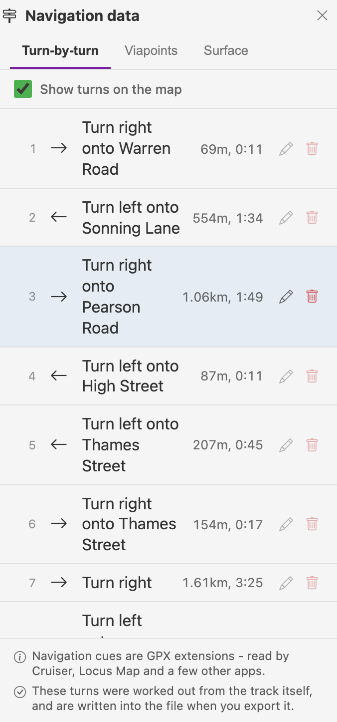 The turn list: numbered rows reading Turn right onto Warren Road, Turn left onto Sonning Lane, each with the distance and time since the last turn and a pencil and bin to edit or remove it