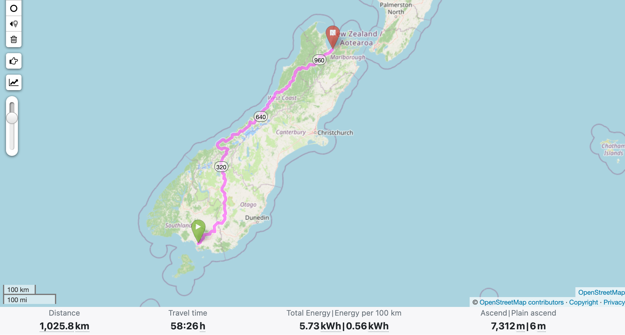 A route drawn in BRouter running the length of New Zealand's South Island, from Southland in the south up to Marlborough in the north, 1,025.8 km