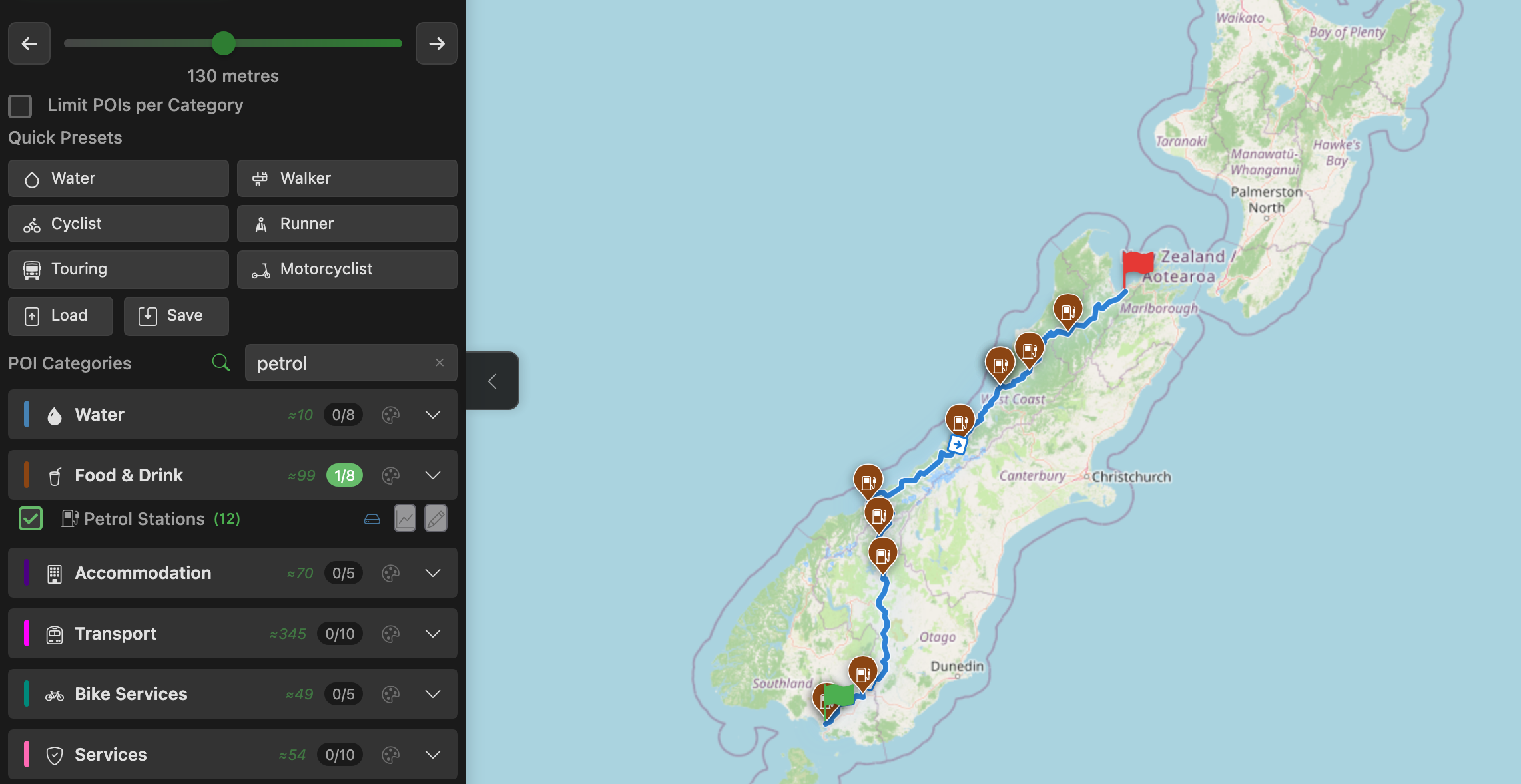 PitStopper showing petrol stations along the South Island route with the search radius set to 130 metres, 12 stations found