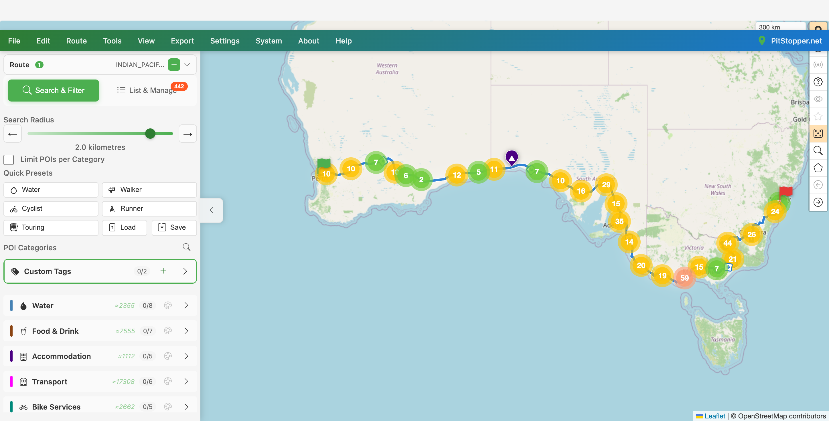 PitStopper showing the full Indian Pacific Wheel Race route from Fremantle to Sydney with 442 campgrounds and motels clustered along it