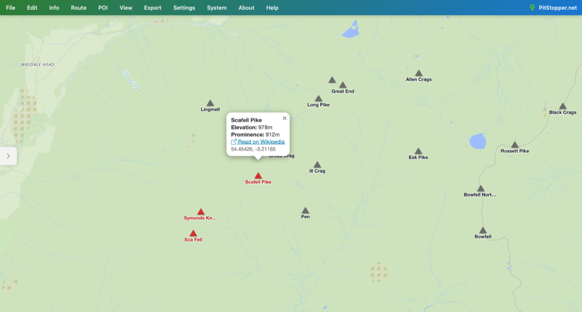 The popup for Scafell Pike, showing its height, prominence and a Wikipedia link