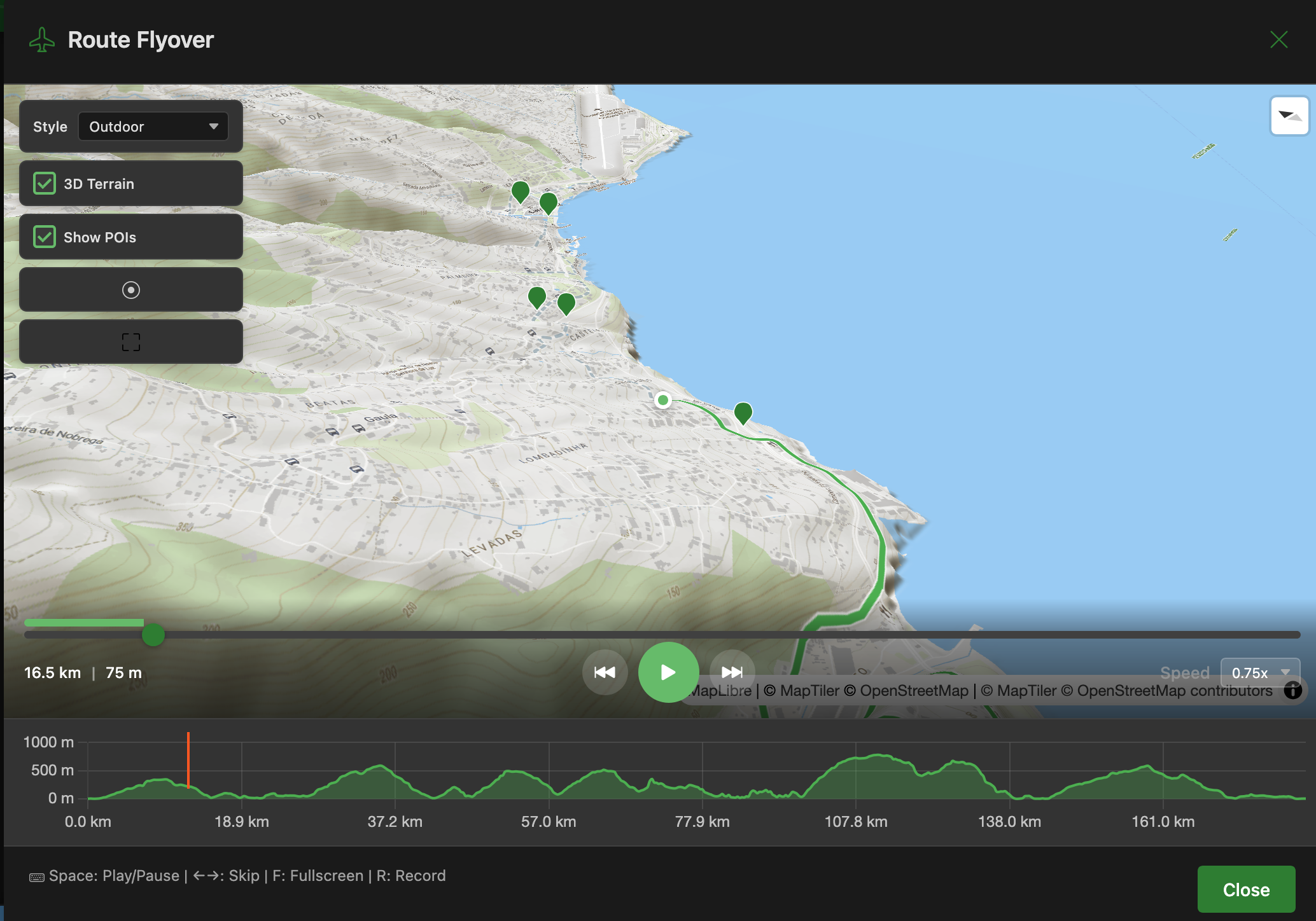 3D animated flyover of a route with elevation sync