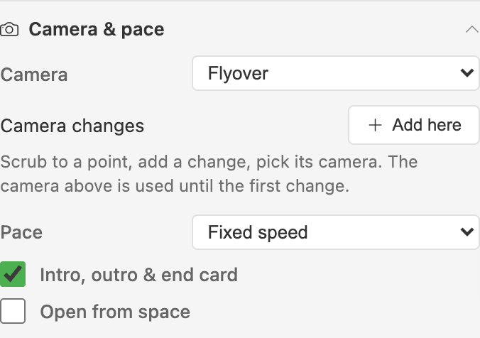 The Camera and pace group of the Route Video panel: a camera chooser set to Flyover, a camera-changes list, a pace chooser, and switches for the intro and for opening from space.