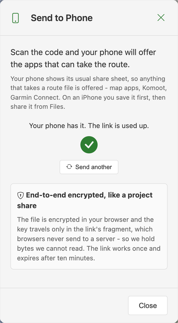 The Send to Phone dialog after delivery, showing a green tick, the text 
