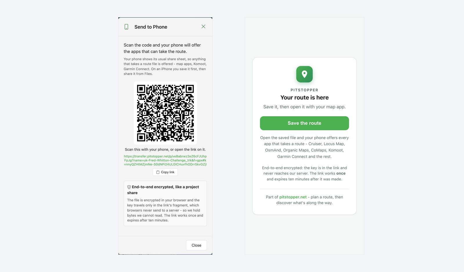 On the left, the PitStopper Send to Phone dialog showing a QR code and a one-time link. On the right, a phone showing the page that QR opens, headed 