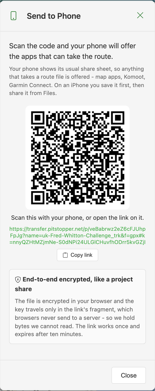 The Send to Phone dialog showing a QR code, the text 
