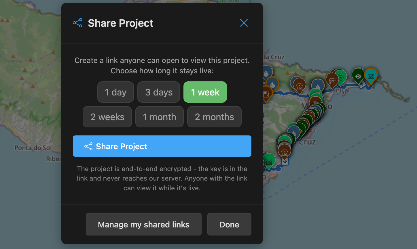 The Share Project dialog over a planned Madeira route: expiry presets from 1 day to 2 months, a Share Project button, and Manage my shared links