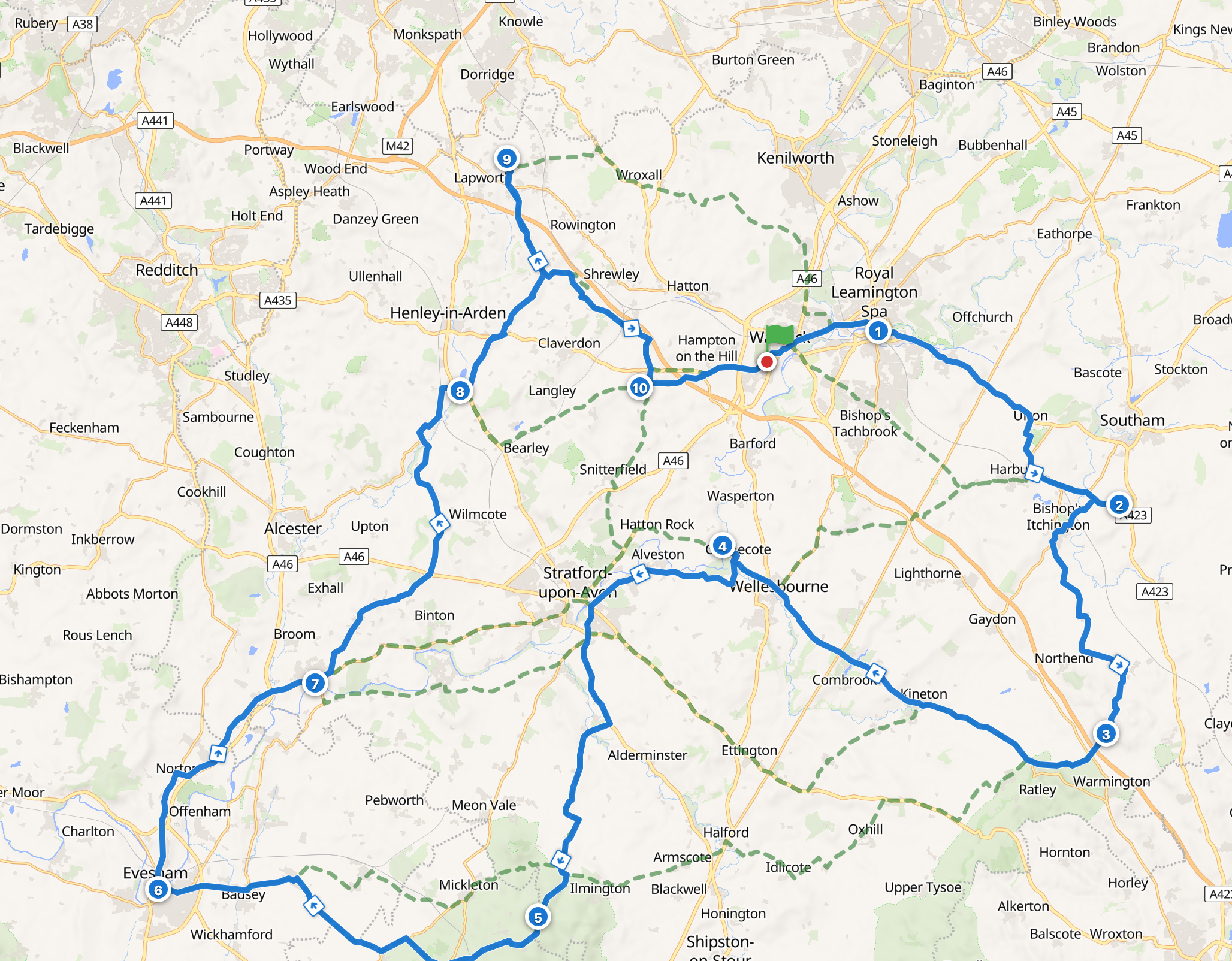 The suggested order on the map: out east through Leamington to Ladbroke and Avon Dassett, back west to the Hampton Lucy bridge, south to the transmitter, across to Evesham, then north through Bidford and Wootton Wawen to Packwood and home through Norton Lindsey