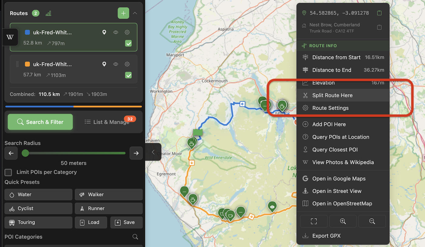 Split Route feature in PitStopper