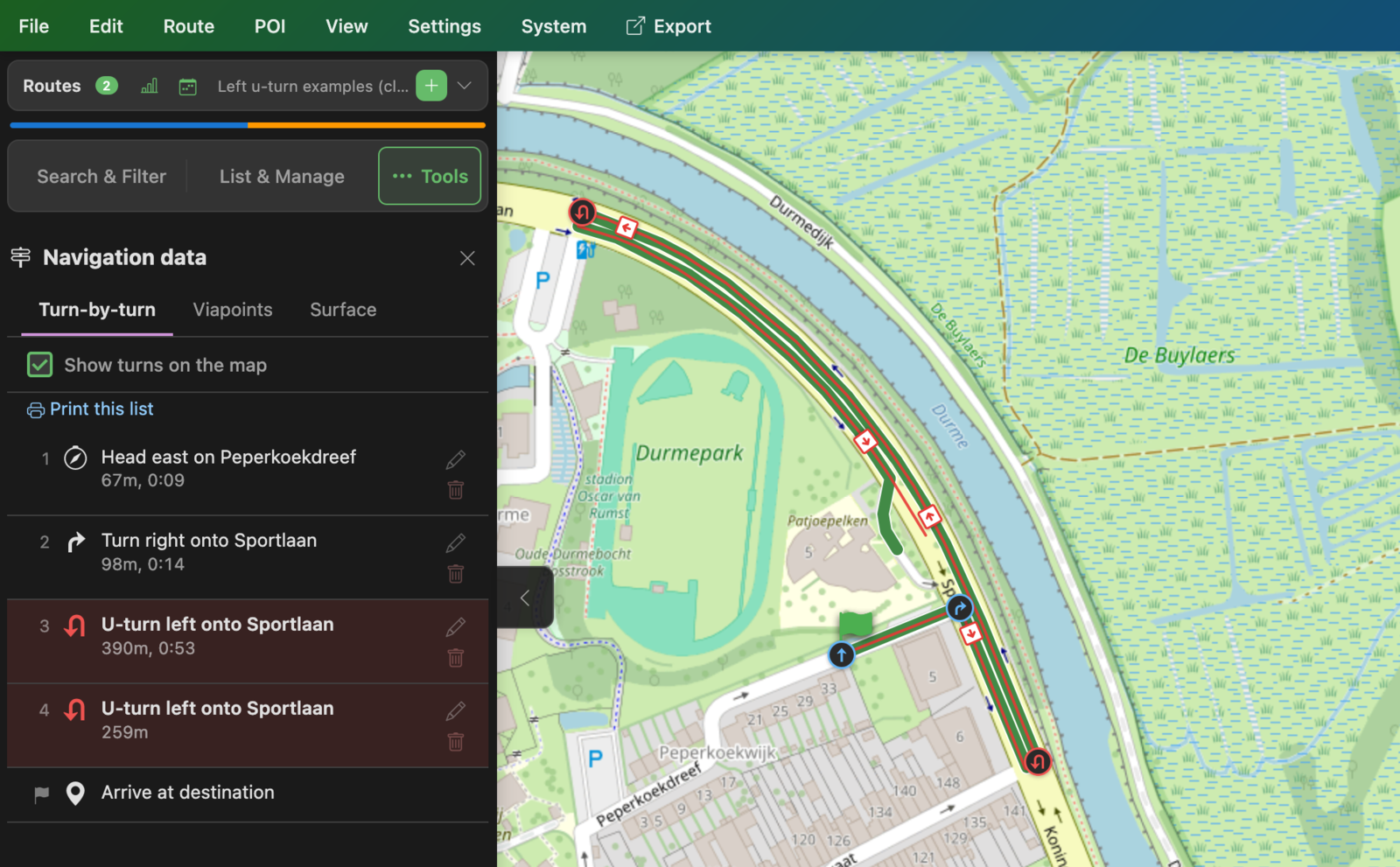 The PitStopper turn list showing two rows reading U-turn left onto Sportlaan, both flagged red, beside a map where the route runs out along one carriageway and back along the one beside it