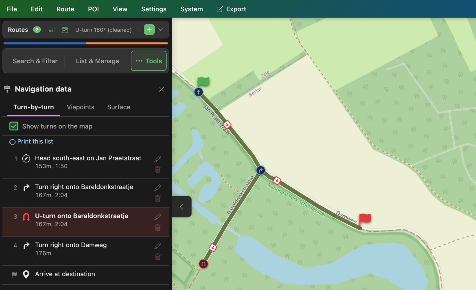 The PitStopper turn list in dark mode. Step three reads U-turn onto Bareldonkstraatje, highlighted in red with a plain inverted-U icon, and the same turn is marked on the map beside it