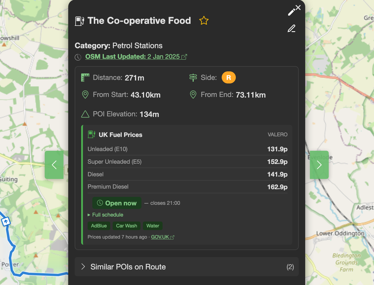 Petrol station popup showing live fuel prices, opening hours and amenities