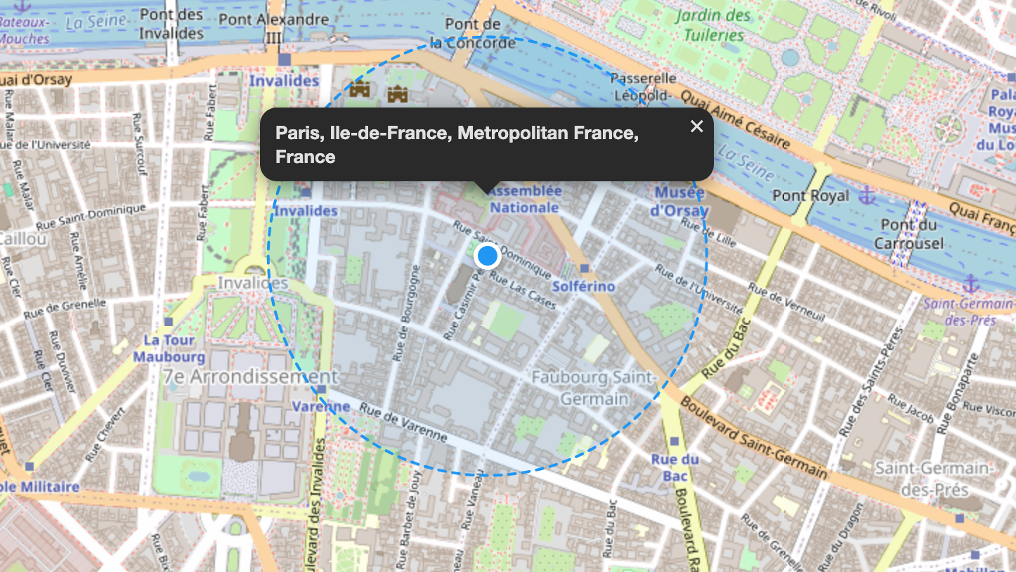 Location Mode showing search radius around Paris