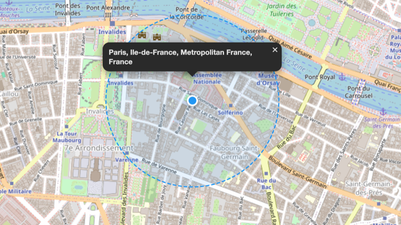 Location Mode showing search radius around Paris
