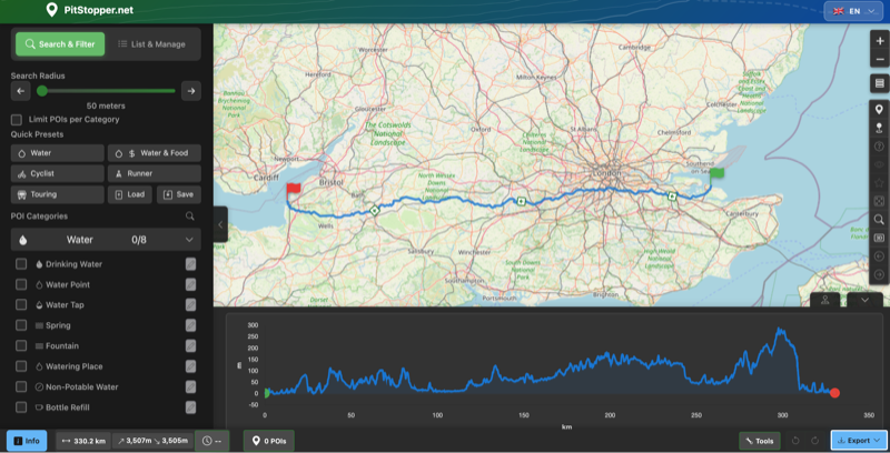 Route displayed on map with elevation profile