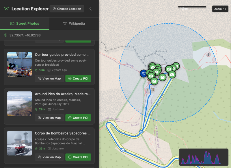 Location Explorer showing street photos and Wikipedia articles with map markers