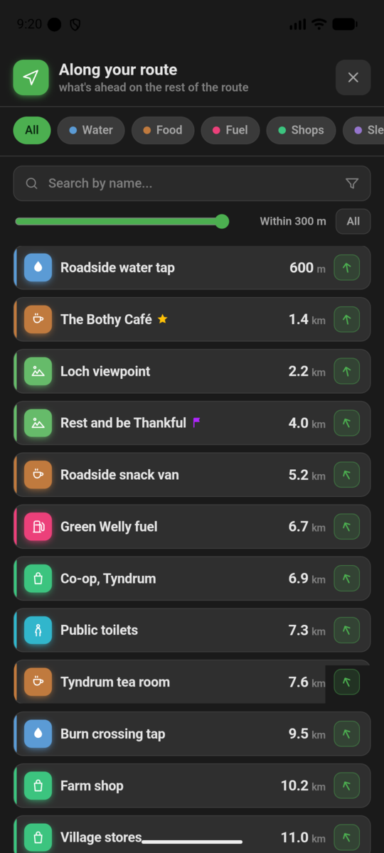 Along your route list on PitStopper On-the-go, showing every upcoming stop by category