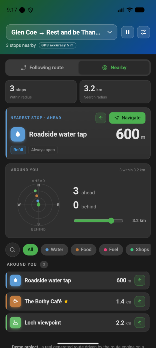 Find Nearby radar view on PitStopper On-the-go, showing stops ahead and behind