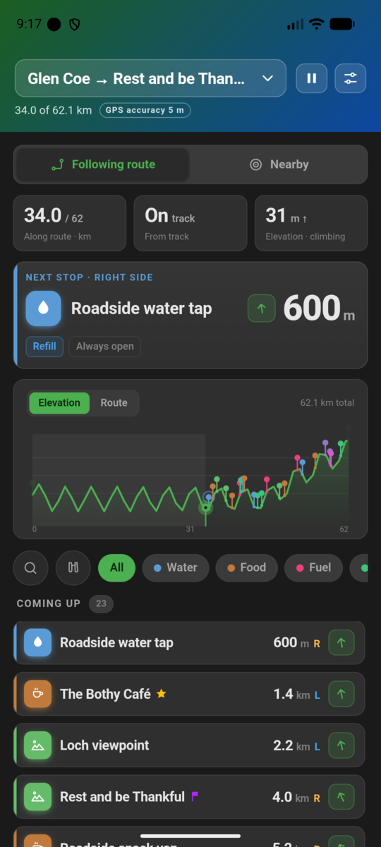 PitStopper On-the-go showing a route being followed, with distance, elevation and the next stop
